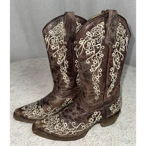 Corral Teen A2773 Floral Snip Toe Leather Western Cowgirl Boots Youth Sz 3 Girls